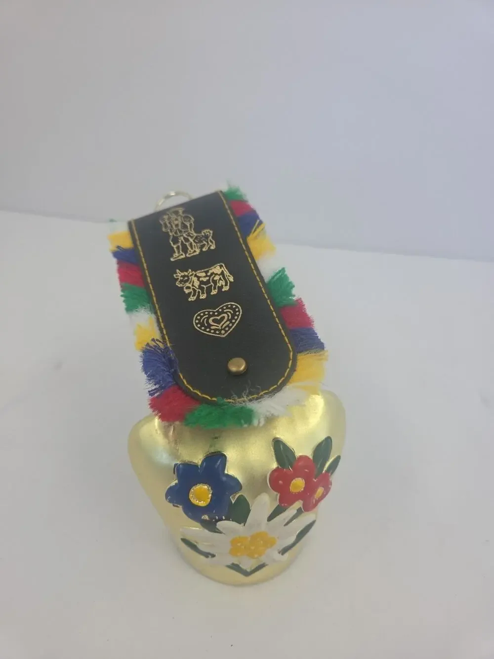 Vintage Swiss Cowbell w/ Edelweiss Floral Strap Decorative Alpine Bell